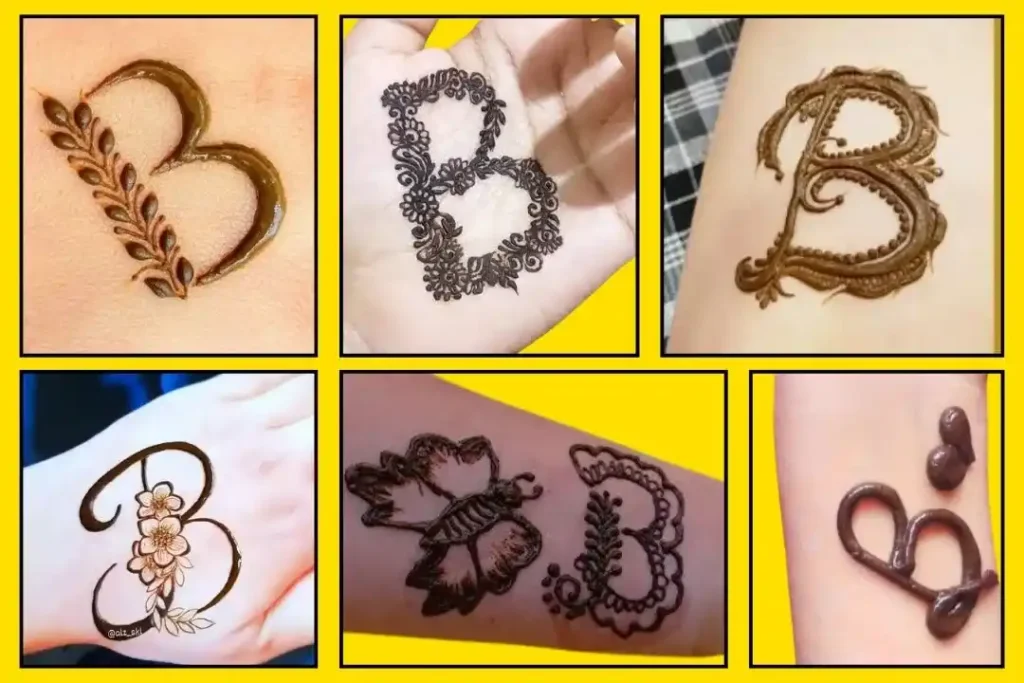 Elegant B alphabet Mehndi design 2024, featuring detailed and artistic patterns.