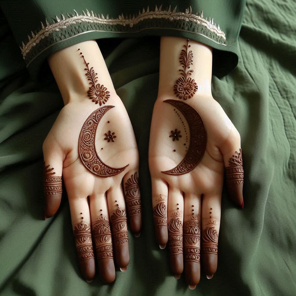 A minimalistic moon mehndi design for Eid, showcased on a vibrant green bedspread. The crescent moon is delicately drawn with subtle patterns, creating a simple yet striking contrast against the green background. The reddish-brown mehndi highlights the intricate details, making it an ideal choice for those who appreciate simplicity.