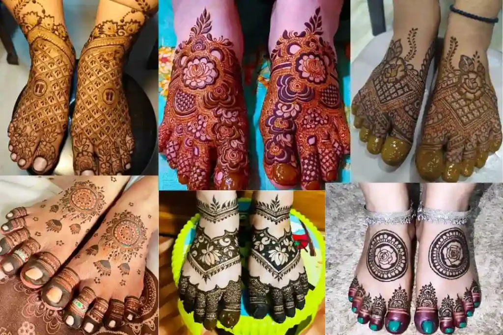 A collage of intricate and stylish leg mehendi designs showcasing a variety of patterns including floral, geometric, and traditional motifs.